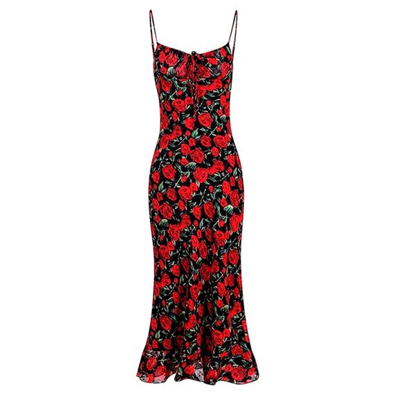 NWT REVOLVE & ROMANCE lovers COMMENSE red roses on black maxi dress M - Picture 2 of 14